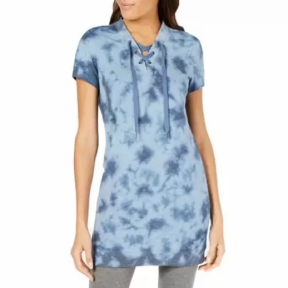 NEW Ideology Short Sleeve Tie Dye Lace Up Tunic Top or Mini Dress, Size XS, Blue